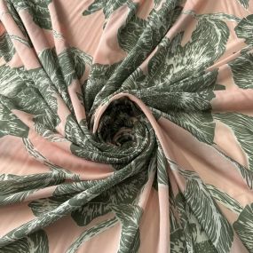 Tecido Musseline Estampada Floral Verde Musgo Fundo Rosé • Conexão