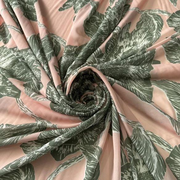 Tecido Musseline Estampada Floral Verde Musgo Fundo Rosé • Conexão