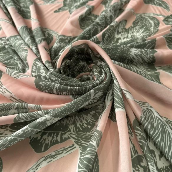 Tecido Musseline Estampada Floral Verde Musgo Fundo Rosé • Conexão