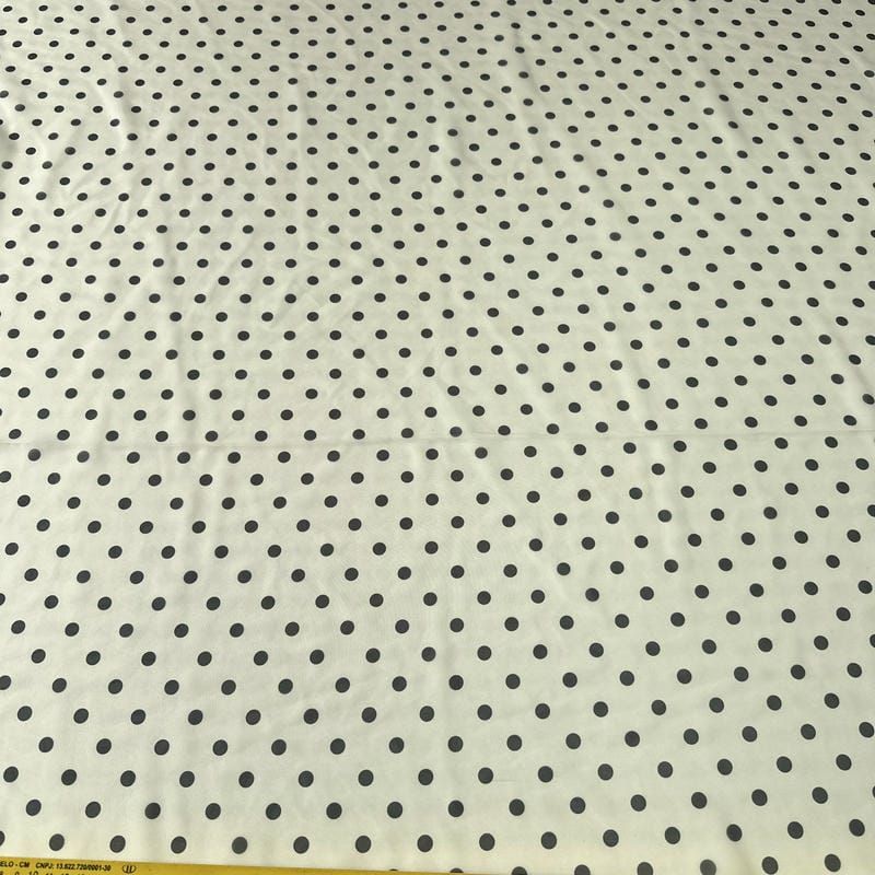 Tecido Musseline Estampada Poá Preto Fundo Off White • Conexão Tecidos