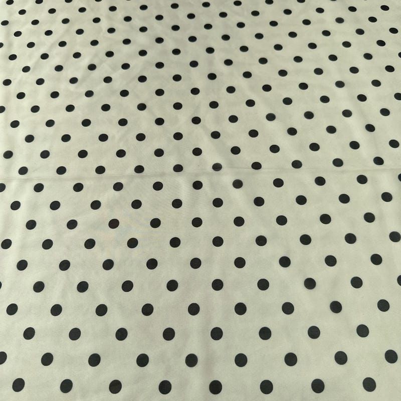 Tecido Musseline Estampada Poá Preto Fundo Off White • Conexão Tecidos