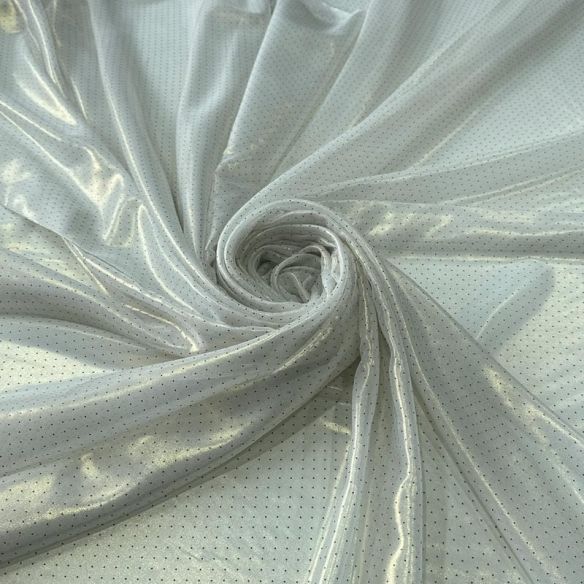 Tecido Musseline Estampada Micro Poá Preto Fundo Foil Off White •