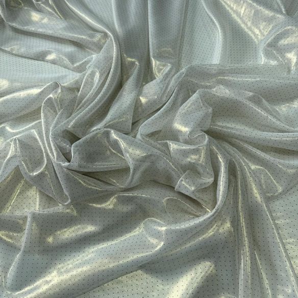Tecido Musseline Estampada Micro Poá Preto Fundo Foil Off White •