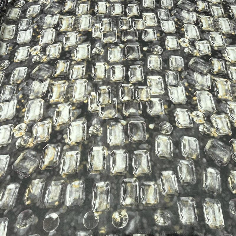 Tecido Musseline Estampada Diamonds Fundo Preto • Conexão Tecidos