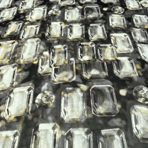 Tecido Musseline Estampada Diamonds Fundo Preto • Conexão Tecidos