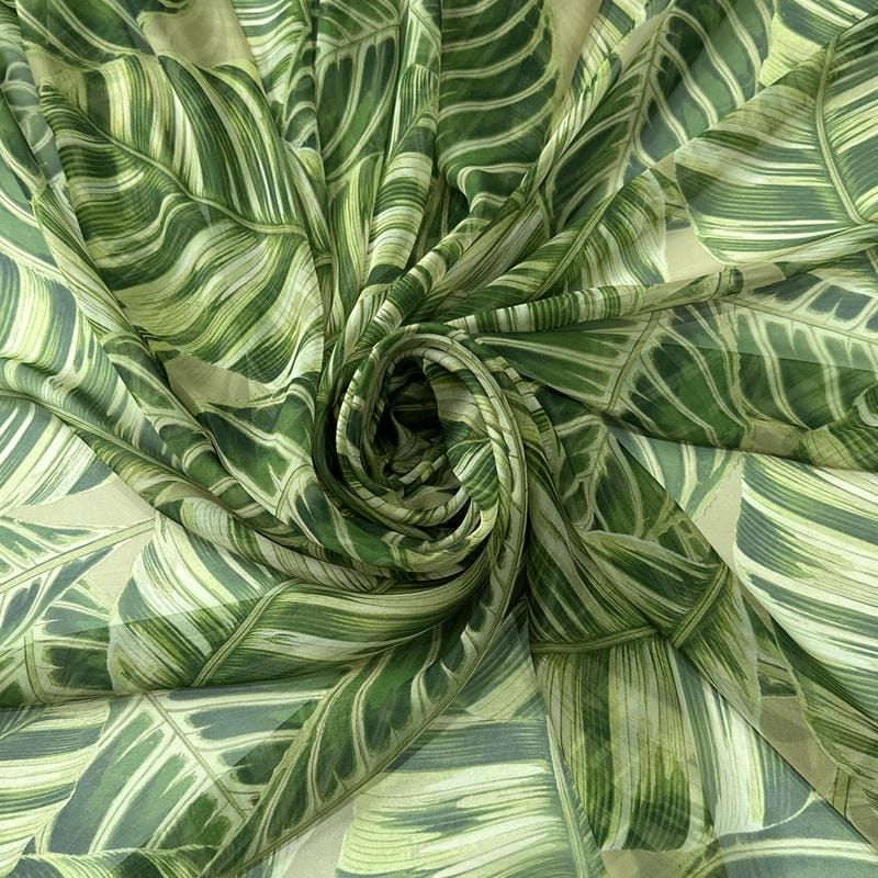 Tecido Musseline Estampada Folhagem Tropical Verde Oliva • Conexão