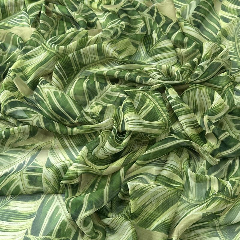 Tecido Musseline Estampada Folhagem Tropical Verde Oliva • Conexão