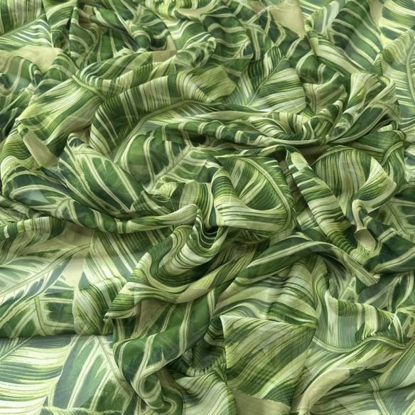 Tecido Musseline Estampada Folhagem Tropical Verde Oliva • Conexão