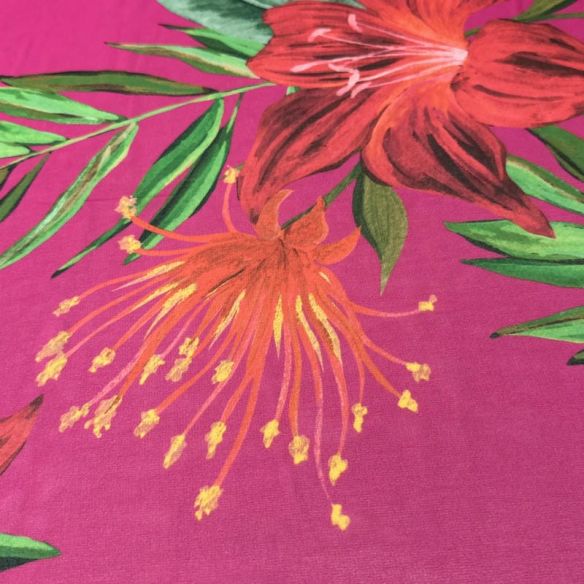 Tecido Musseline Estampada Floral Tropical Pink • Conexão Tecidos