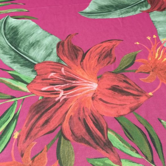 Tecido Musseline Estampada Floral Tropical Pink • Conexão Tecidos