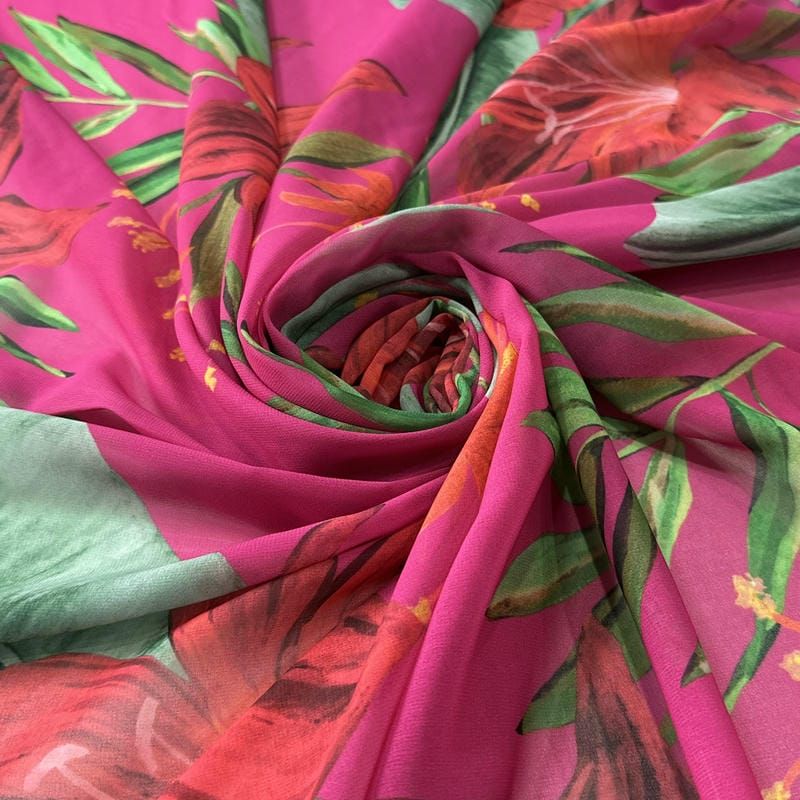Tecido Musseline Estampada Floral Tropical Pink • Conexão Tecidos