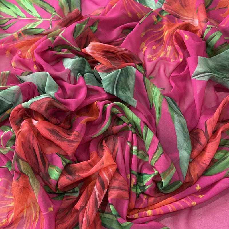 Tecido Musseline Estampada Floral Tropical Pink • Conexão Tecidos
