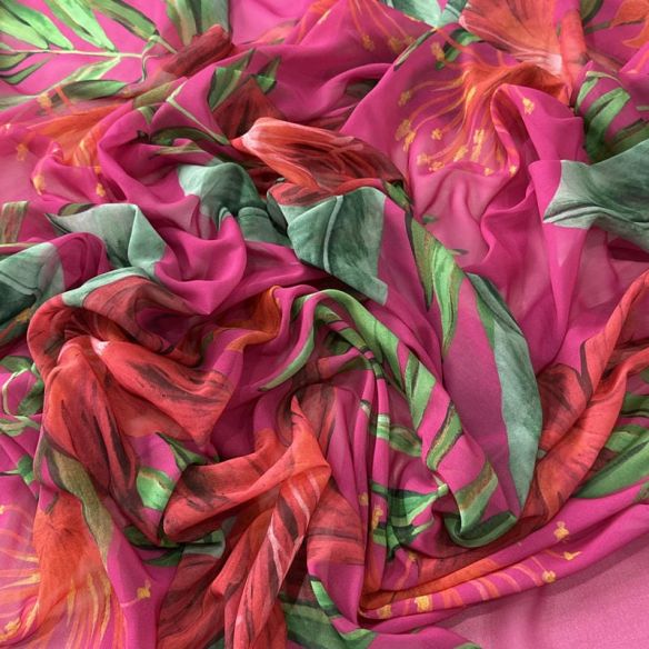 Tecido Musseline Estampada Floral Tropical Pink • Conexão Tecidos