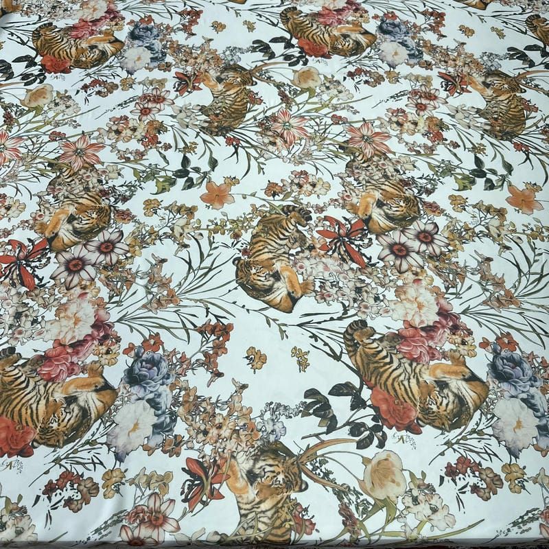 Tecido Musseline Estampada Tigre Jardim Imperial Off White • Conexão