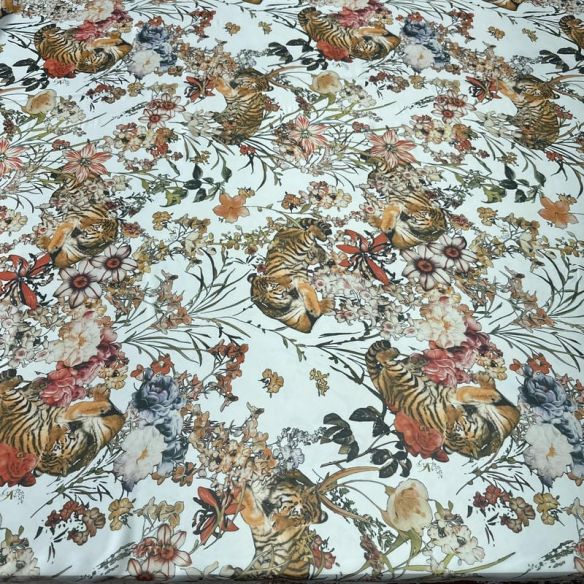 Tecido Musseline Estampada Tigre Jardim Imperial Off White • Conexão