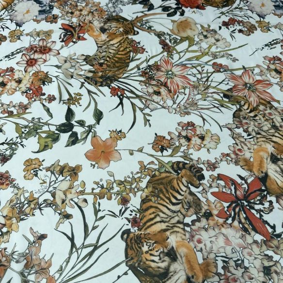 Tecido Musseline Estampada Tigre Jardim Imperial Off White • Conexão