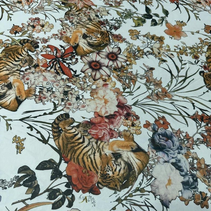 Tecido Musseline Estampada Tigre Jardim Imperial Off White • Conexão