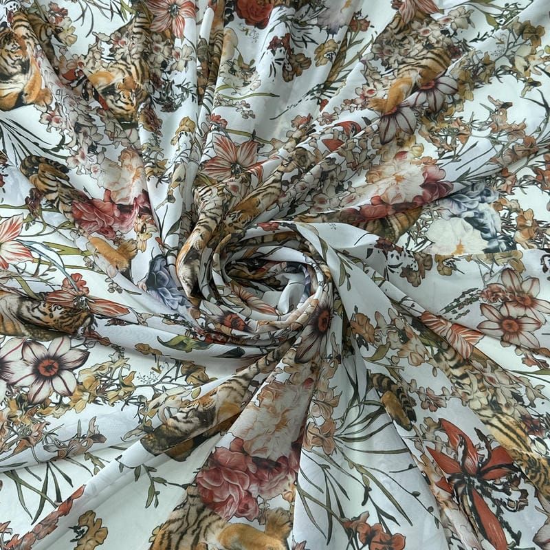 Tecido Musseline Estampada Tigre Jardim Imperial Off White • Conexão