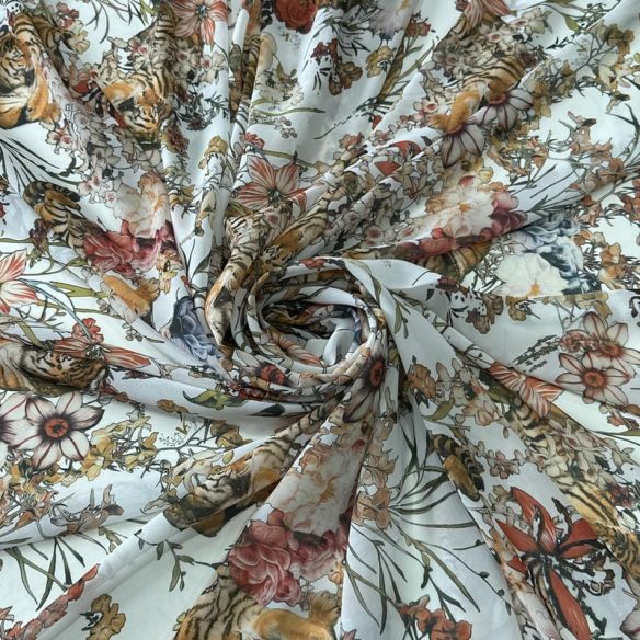 Tecido Musseline Estampada Tigre Jardim Imperial Off White • Conexão