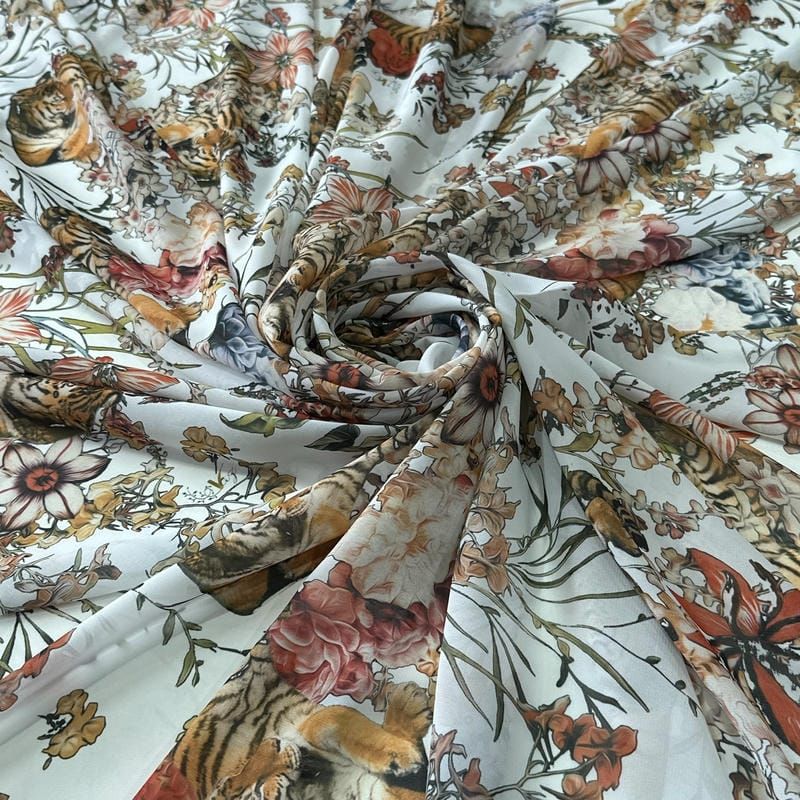 Tecido Musseline Estampada Tigre Jardim Imperial Off White • Conexão