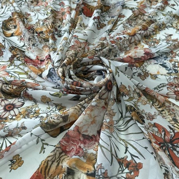 Tecido Musseline Estampada Tigre Jardim Imperial Off White • Conexão