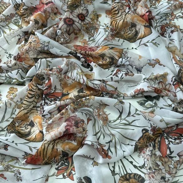 Tecido Musseline Estampada Tigre Jardim Imperial Off White • Conexão