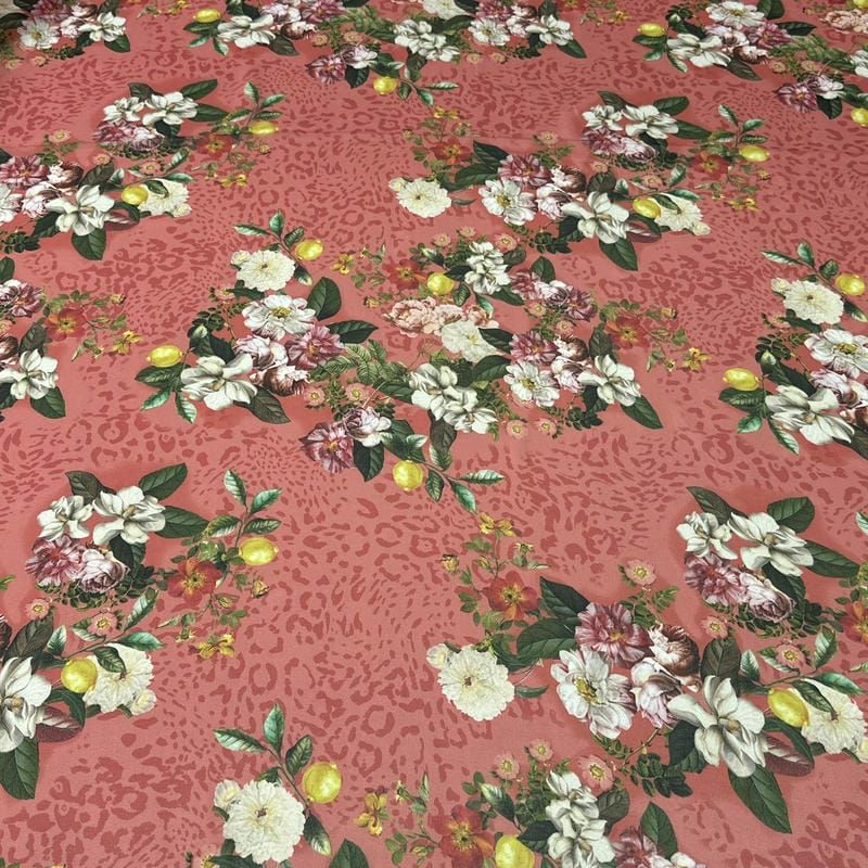 Tecido Musseline Estampada Jardim Citrus Rosa Goiaba • Conexão Tecidos