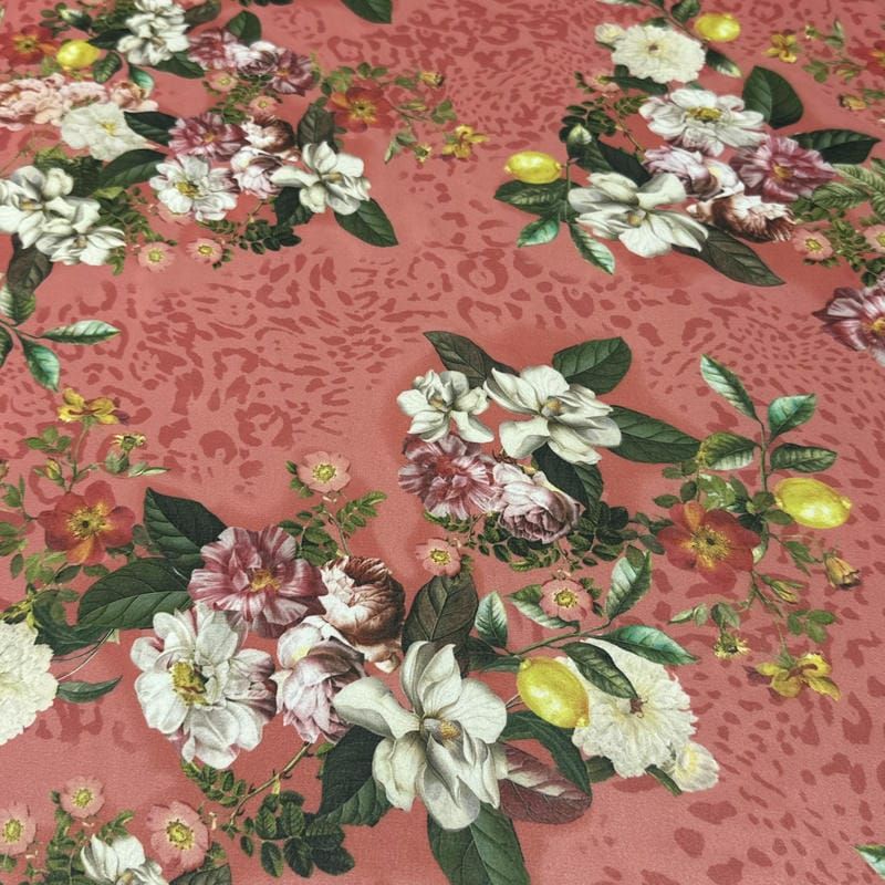 Tecido Musseline Estampada Jardim Citrus Rosa Goiaba • Conexão Tecidos