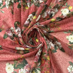 Tecido Musseline Estampada Jardim Citrus Rosa Goiaba • Conexão Tecidos