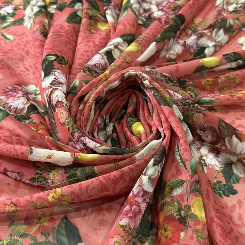 Tecido Musseline Estampada Jardim Citrus Rosa Goiaba • Conexão Tecidos