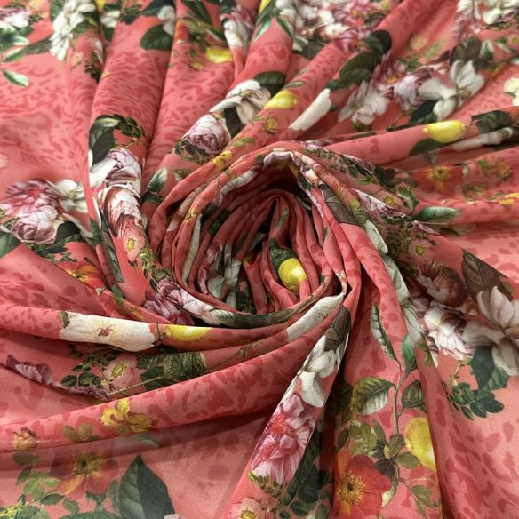 Tecido Musseline Estampada Jardim Citrus Rosa Goiaba • Conexão Tecidos