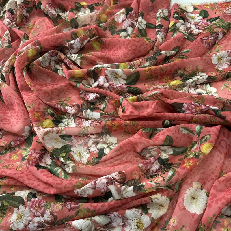 Tecido Musseline Estampada Jardim Citrus Rosa Goiaba • Conexão Tecidos