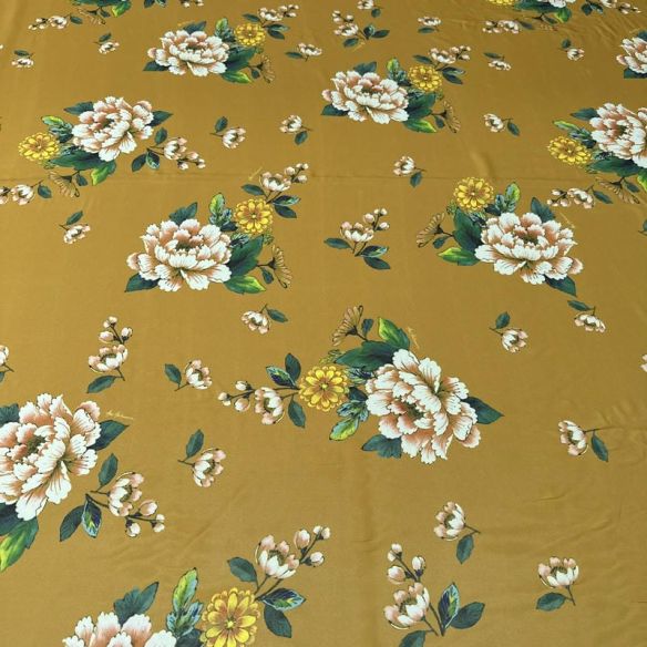 Tecido Musseline Estampada Floral Campo Mostarda • Conexão Tecidos