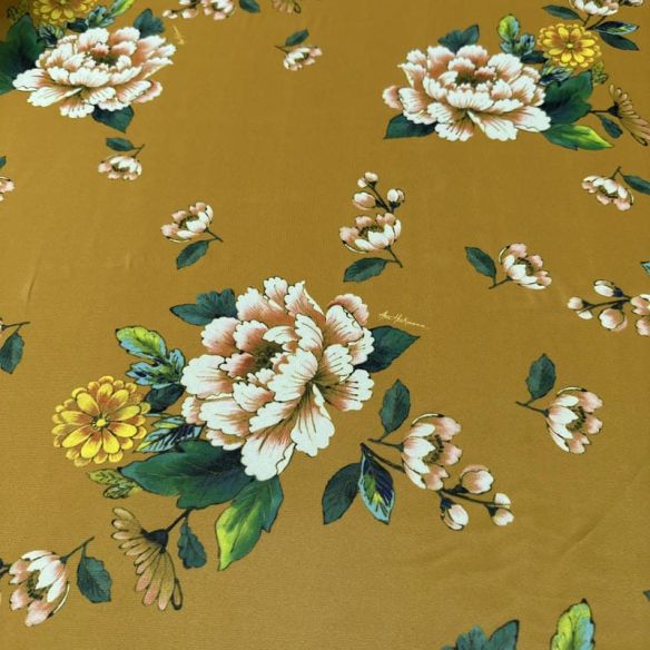 Tecido Musseline Estampada Floral Campo Mostarda • Conexão Tecidos