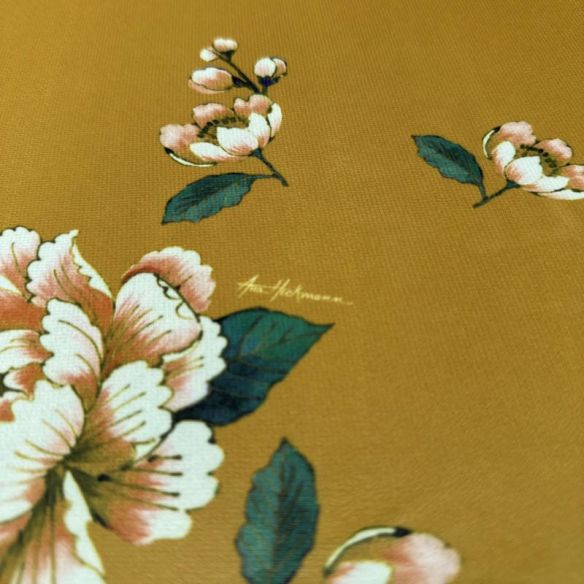 Tecido Musseline Estampada Floral Campo Mostarda • Conexão Tecidos