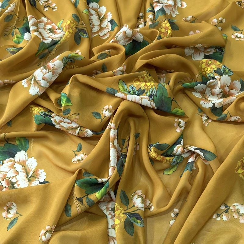 Tecido Musseline Estampada Floral Campo Mostarda • Conexão Tecidos