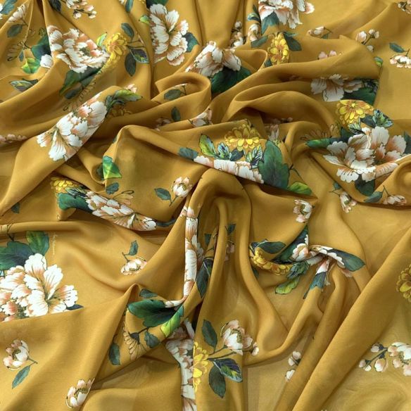 Tecido Musseline Estampada Floral Campo Mostarda • Conexão Tecidos