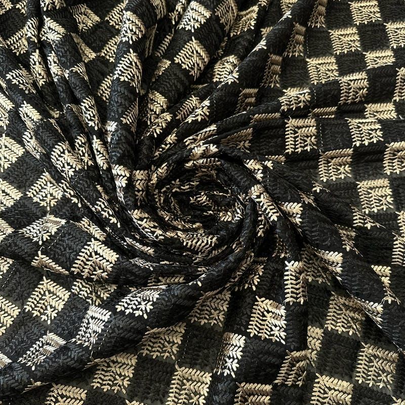 Tecido Musseline Bordada Colors Preto e Dourado • Conexão Tecidos