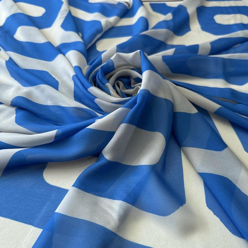 Tecido Musseline de Viscose Estampada Elos Azul • Conexão Tecidos