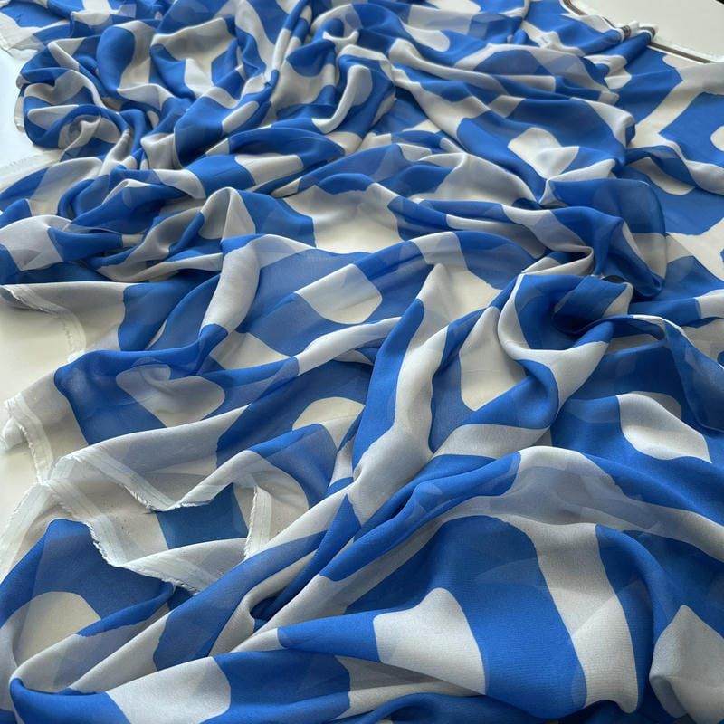 Tecido Musseline de Viscose Estampada Elos Azul • Conexão Tecidos