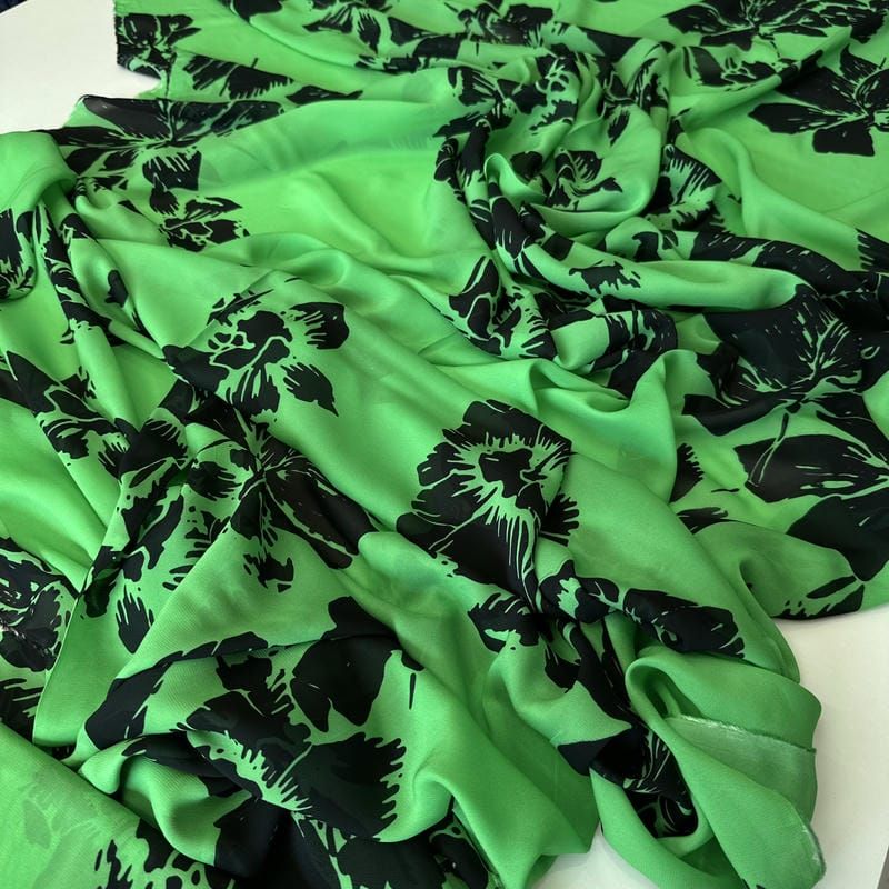 Tecido Musseline de Viscose Estampada Floral Verde Lima • Conexão