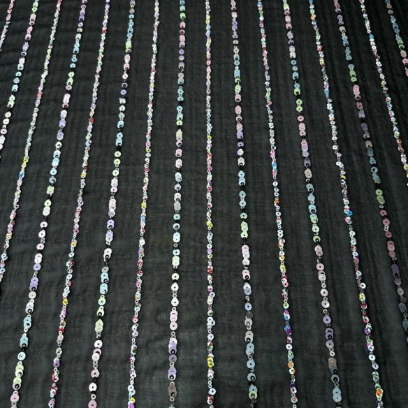 Tecido Musseline Bordada Micro Paetês Holográficos Preto • Conexão