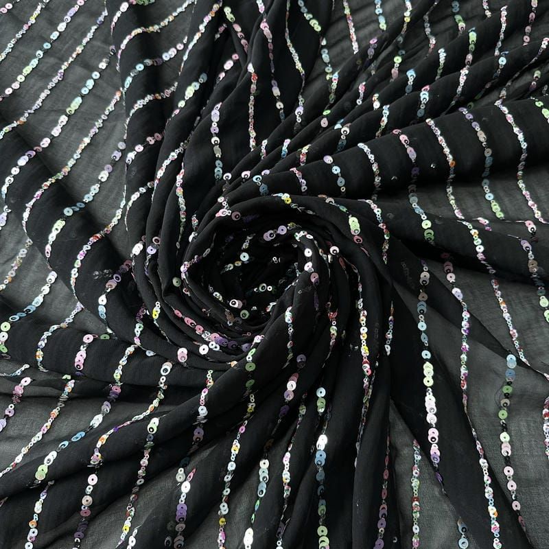 Tecido Musseline Bordada Micro Paetês Holográficos Preto • Conexão