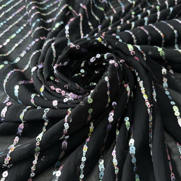 Tecido Musseline Bordada Micro Paetês Holográficos Preto • Conexão