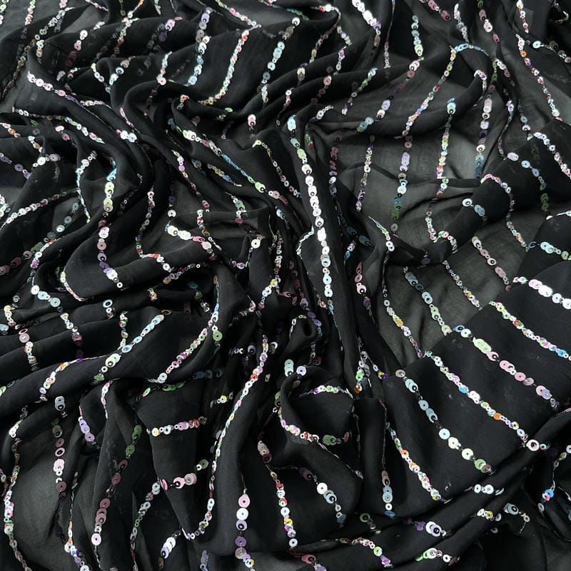 Tecido Musseline Bordada Micro Paetês Holográficos Preto • Conexão