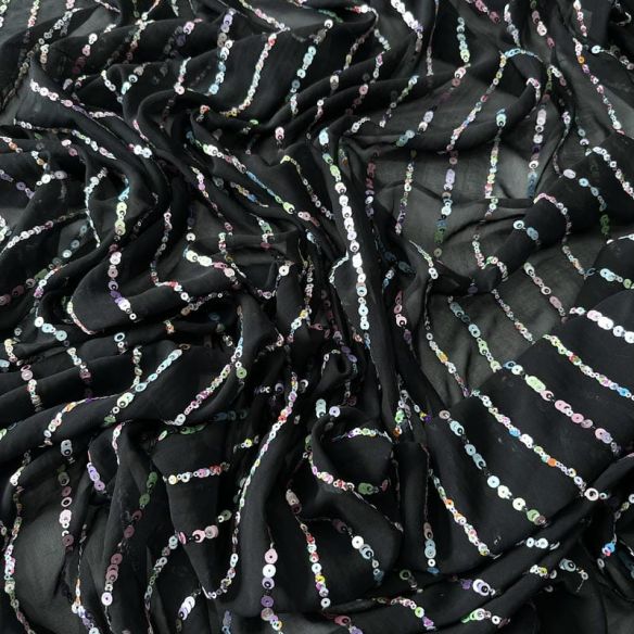 Tecido Musseline Bordada Micro Paetês Holográficos Preto • Conexão