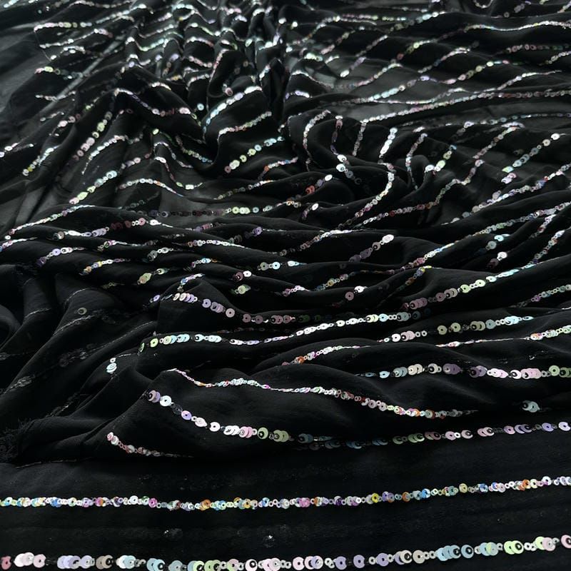 Tecido Musseline Bordada Micro Paetês Holográficos Preto • Conexão