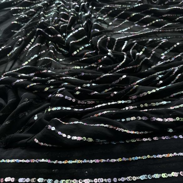 Tecido Musseline Bordada Micro Paetês Holográficos Preto • Conexão