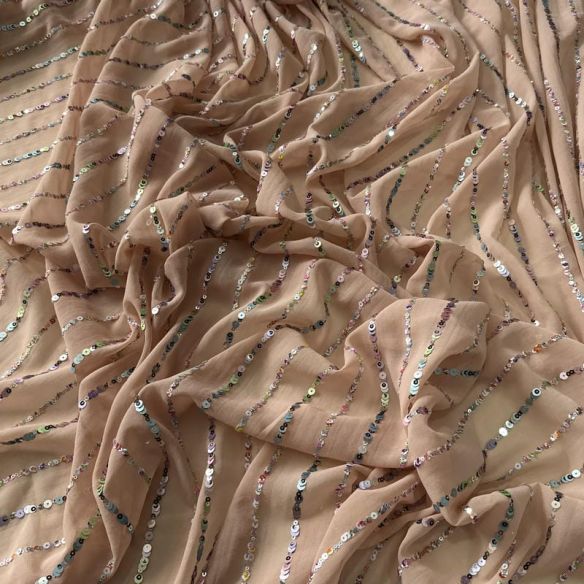 Tecido Musseline Bordada Micro Paetês Holográficos Nude • Conexão