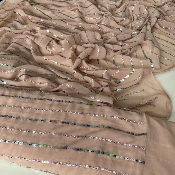 Tecido Musseline Bordada Micro Paetês Holográficos Nude • Conexão